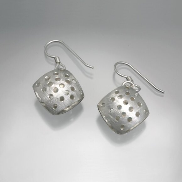 Silver Cube Dangle Earrings Geometric Openwork Lightweight Modern Jewelry - Picture 1 of 1